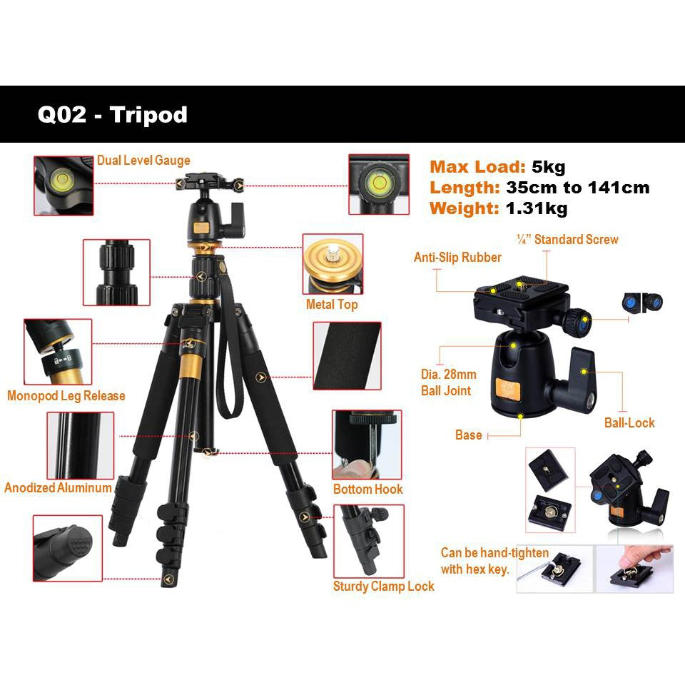 DSLR Camera Professional Aluminium Ruddegized Tripod/Monopod 3-Axis/Ball Head