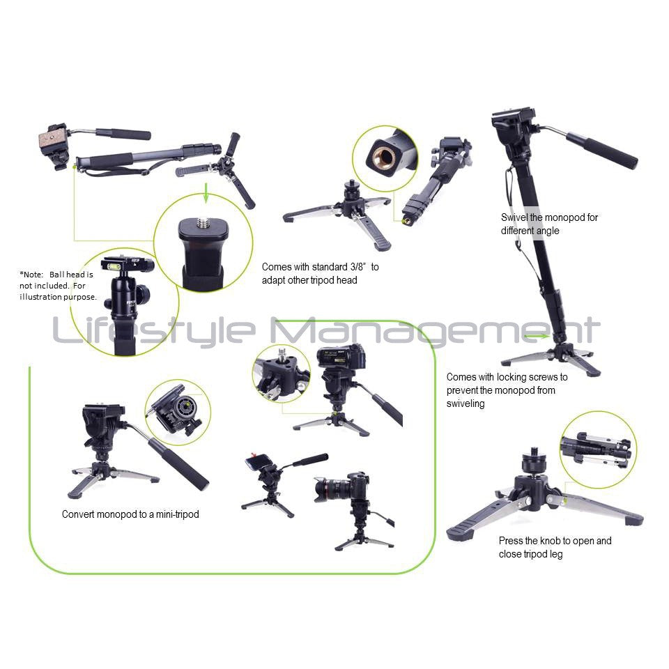 DSLR Camera Photo/Video Monopod Fluid Damping Pan/Tilt Head Swivel