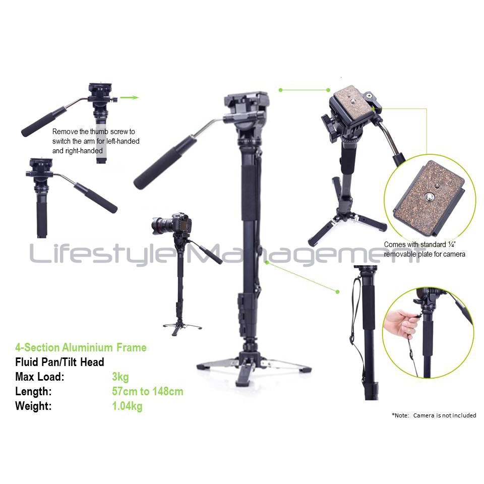 DSLR Camera Photo/Video Monopod Fluid Damping Pan/Tilt Head Swivel