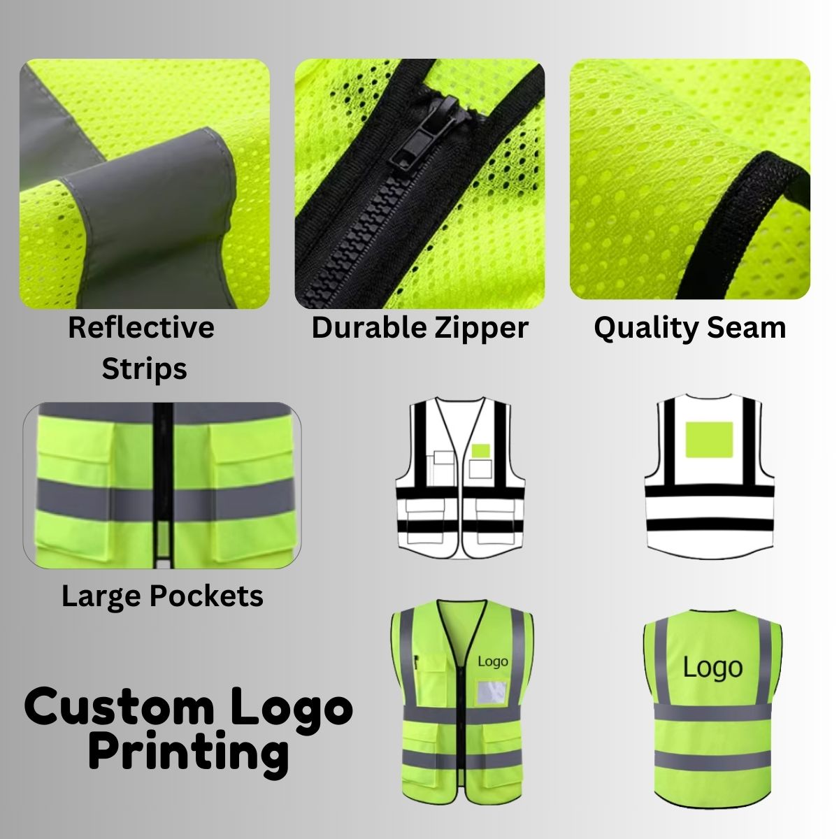 Customised Safety Vest with Multi Pockets Reflective Customised Logo Printing