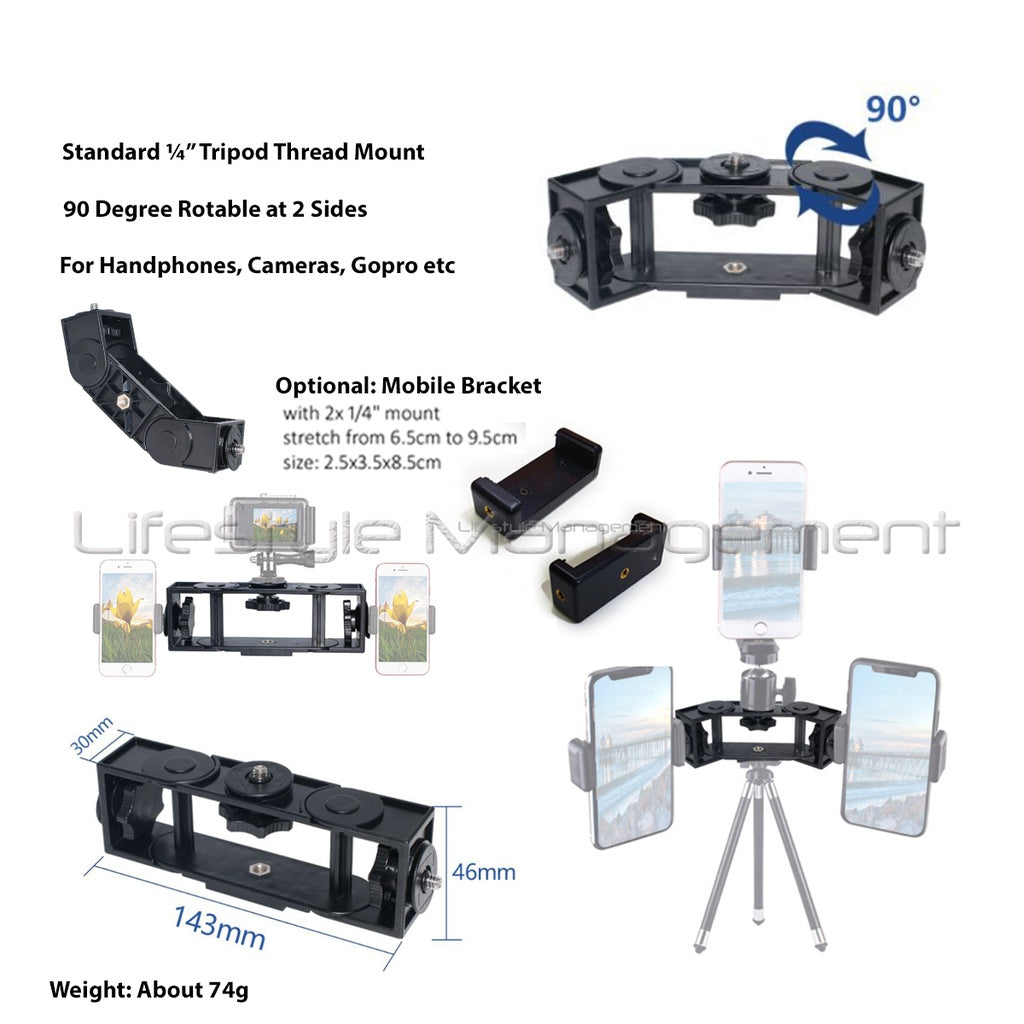 Multi Phone Holder Rotable Mount Clip Multi Triple Handphone Camera 3 Three Bracket Tripod