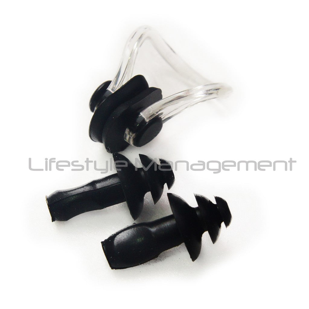 Silicone Earplugs + Nose Clip Set. Spandex Swimming Cap