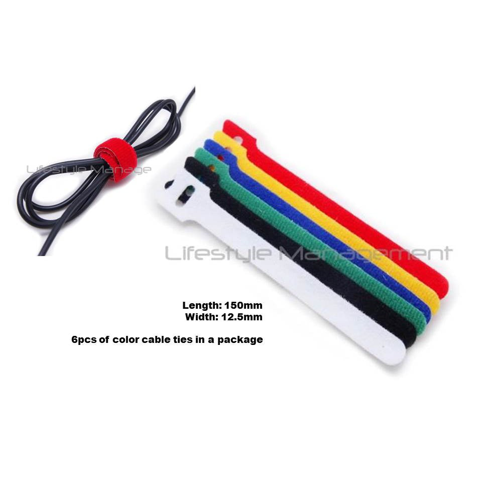 6 pcs Colourful 150mm Velcro Cable Ties Wrap Wire Cord Organiser Strap Wrappe