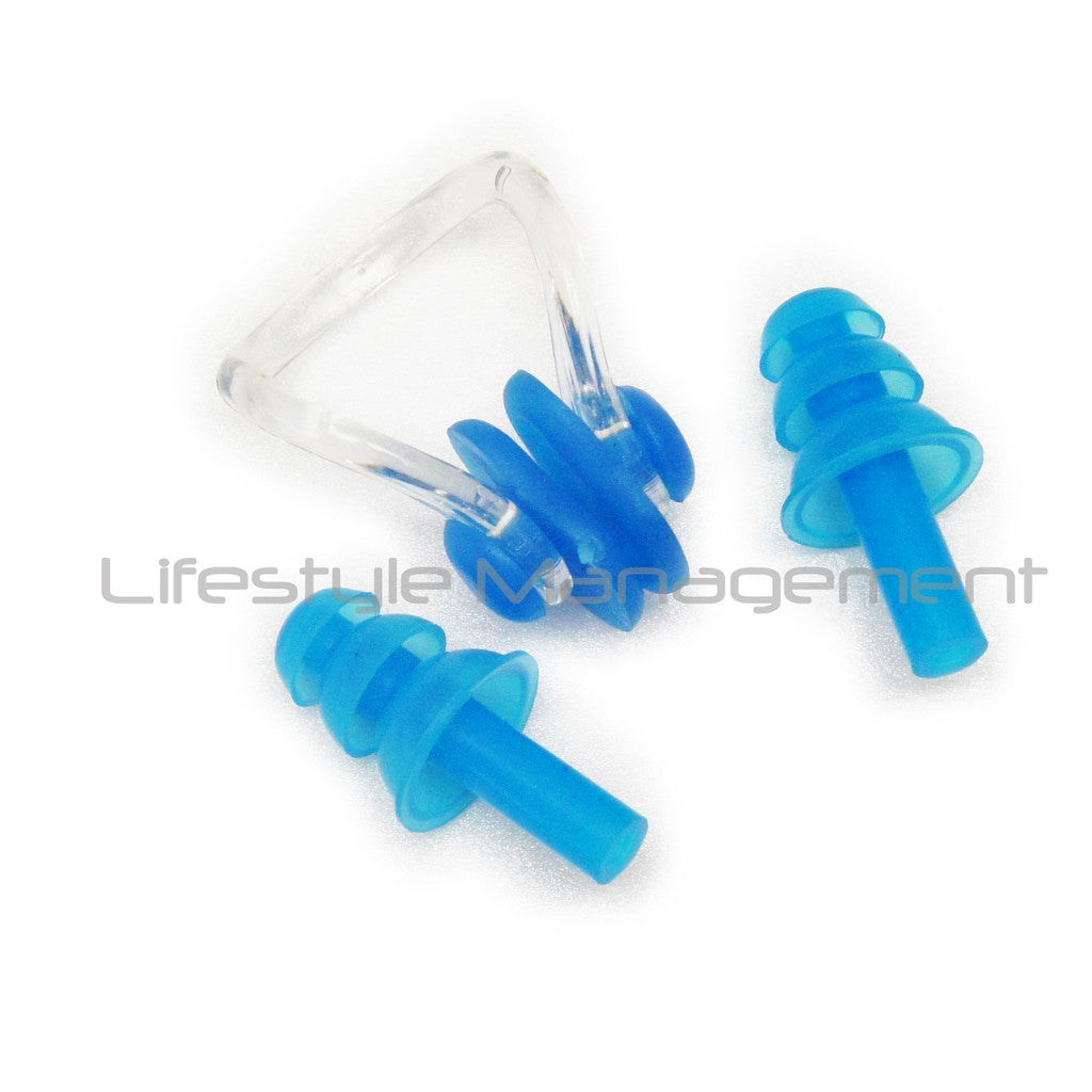 Silicone Earplugs + Nose Clip Set. Spandex Swimming Cap