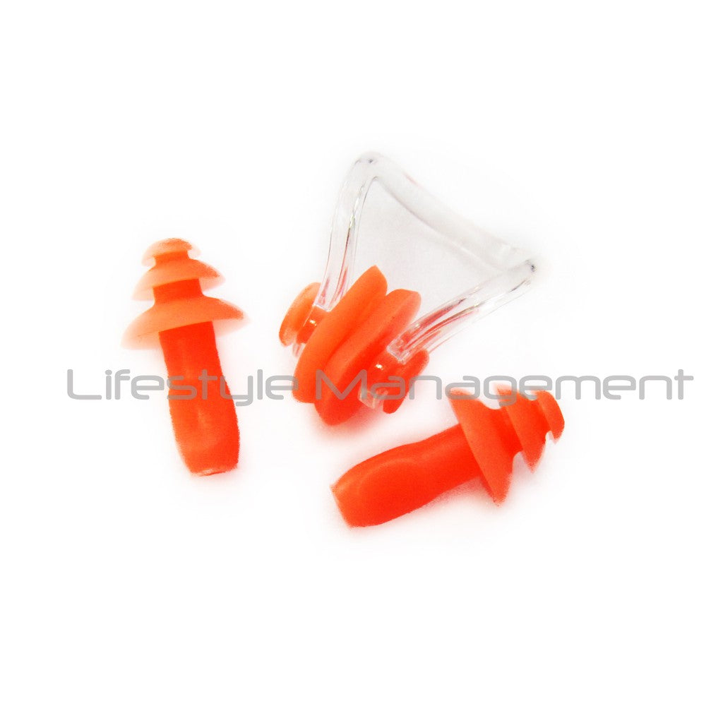 Silicone Earplugs + Nose Clip Set. Spandex Swimming Cap