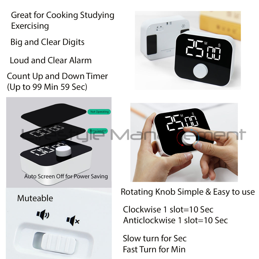 Kitchen Timer LED Rotating Loud Alarm Digital Timer Big Digits Cooking Studying Muteable Magnetic