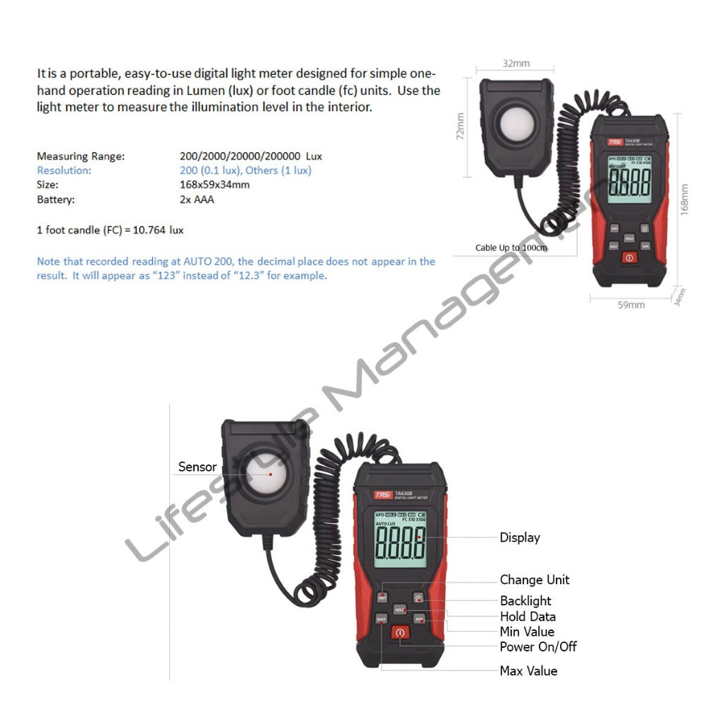 Digital Light Meter Lux/FC Photometer 0.1 lux resolution