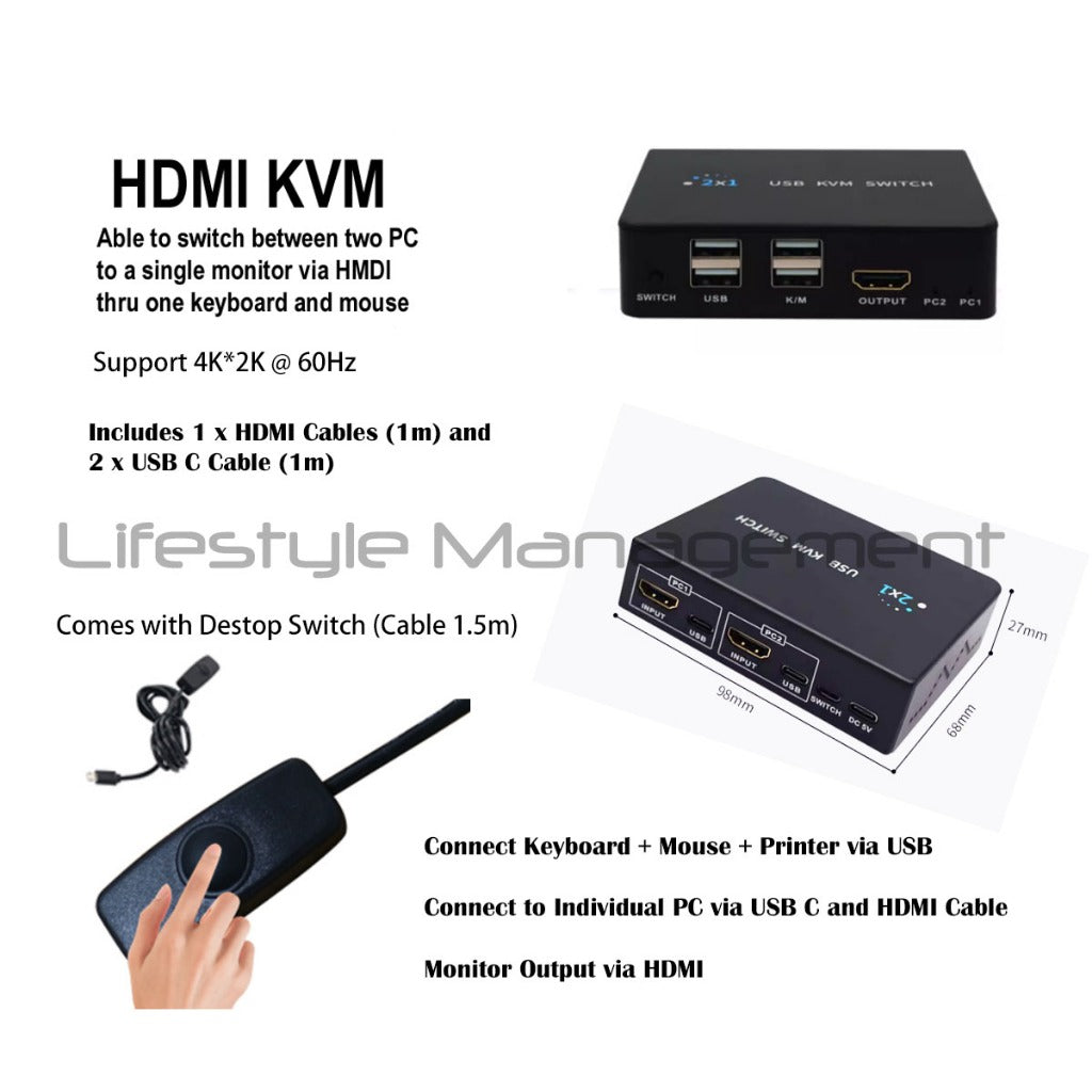 2 Port HDMI KVM Switch (Computer Printer Storage Keyboard Video Mouse Monitor)