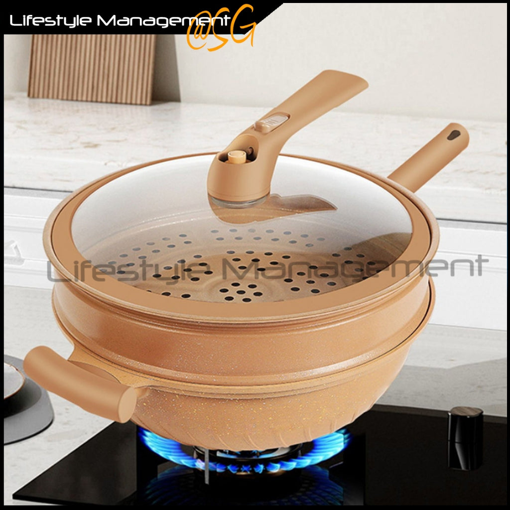 Clay Wok Non Stick Titanium Frying Wok Pan Micro Pressure with Steamer Healthy Pot