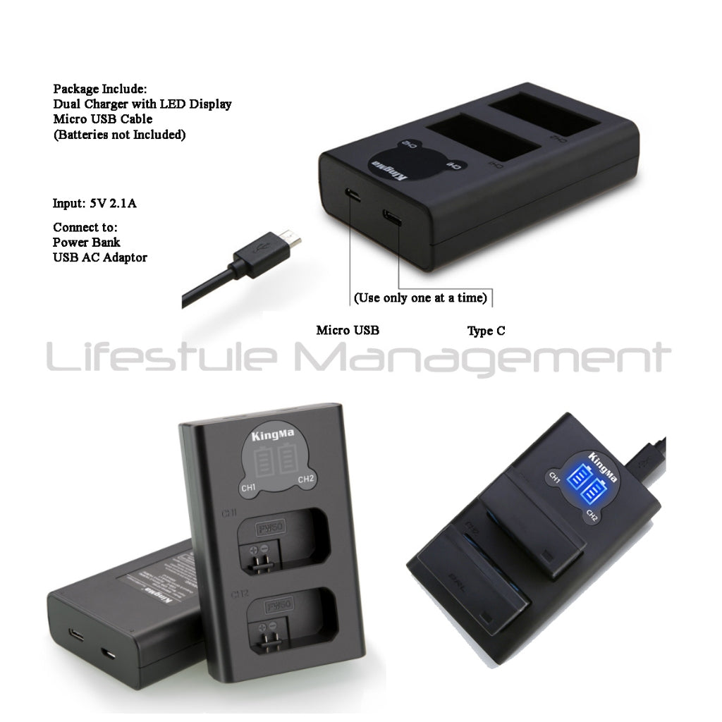 Sony NP-FW50 Battery Dual USB Charger Camera batteries charging Nex A7 A6000 ZV-E10 a7r2 a7m2 a5000