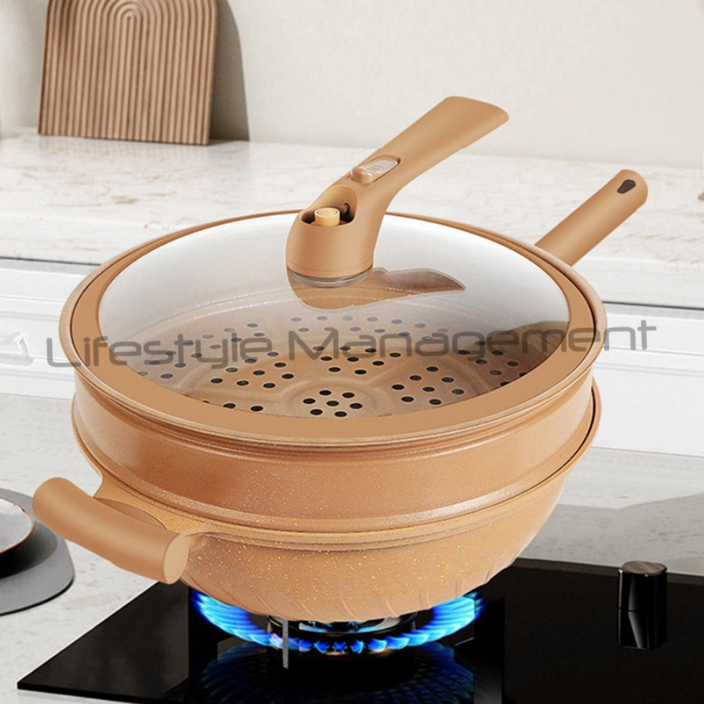 Clay Wok Non Stick Titanium Frying Wok Pan Micro Pressure with Steamer Healthy Pot